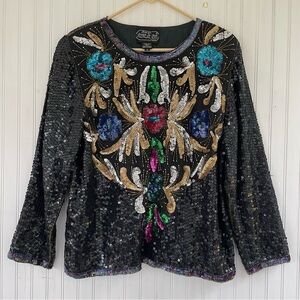 VINTAGE Jean for Joseph Le Bon Black  Colorful 100% SILK Sequin Top Size Large